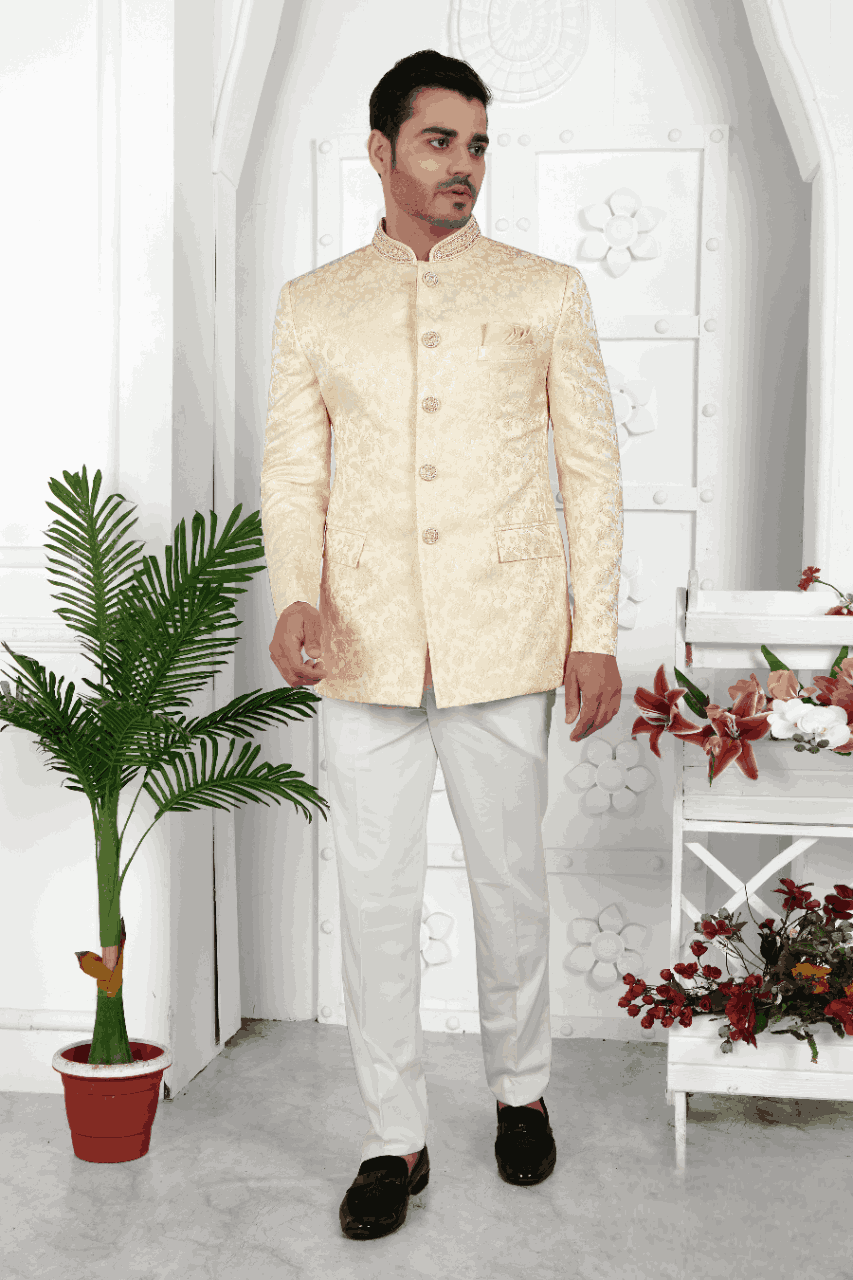 Raivat Ethnic Jacquard Silk Embroidery Work Jodhpuri In Beige Colour - Distacart