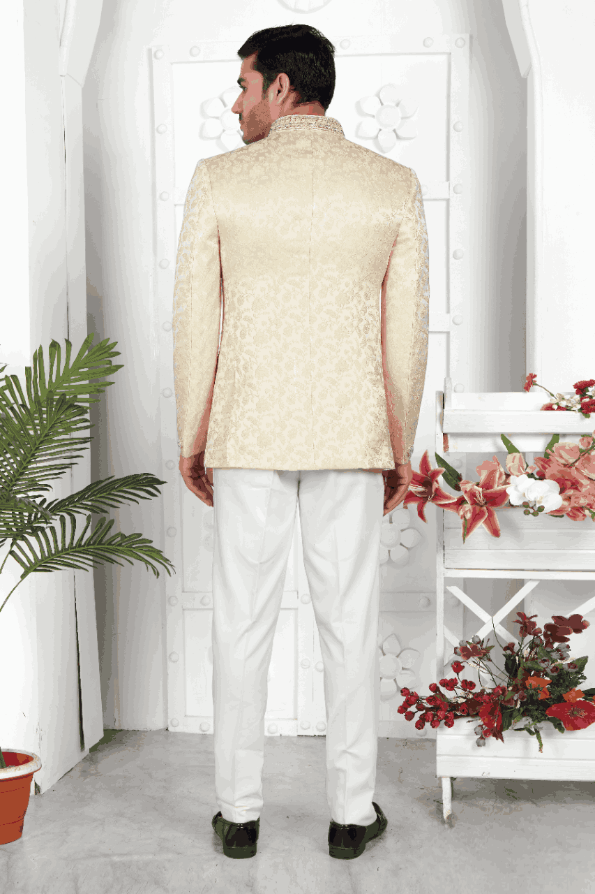 Raivat Ethnic Jacquard Silk Embroidery Work Jodhpuri In Beige Colour