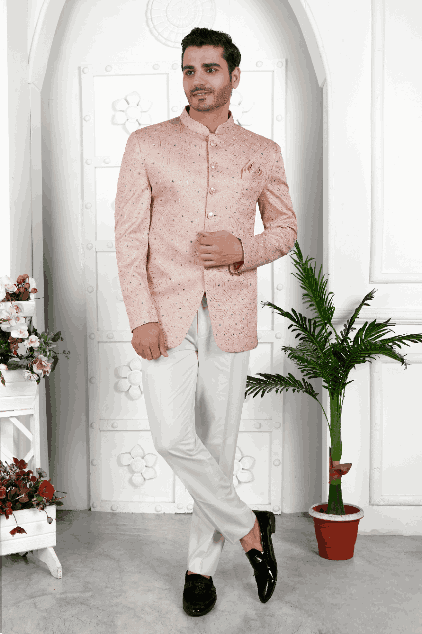 Raivat Ethnic Art Silk Thread Work Jodhpuri In Peach Colour