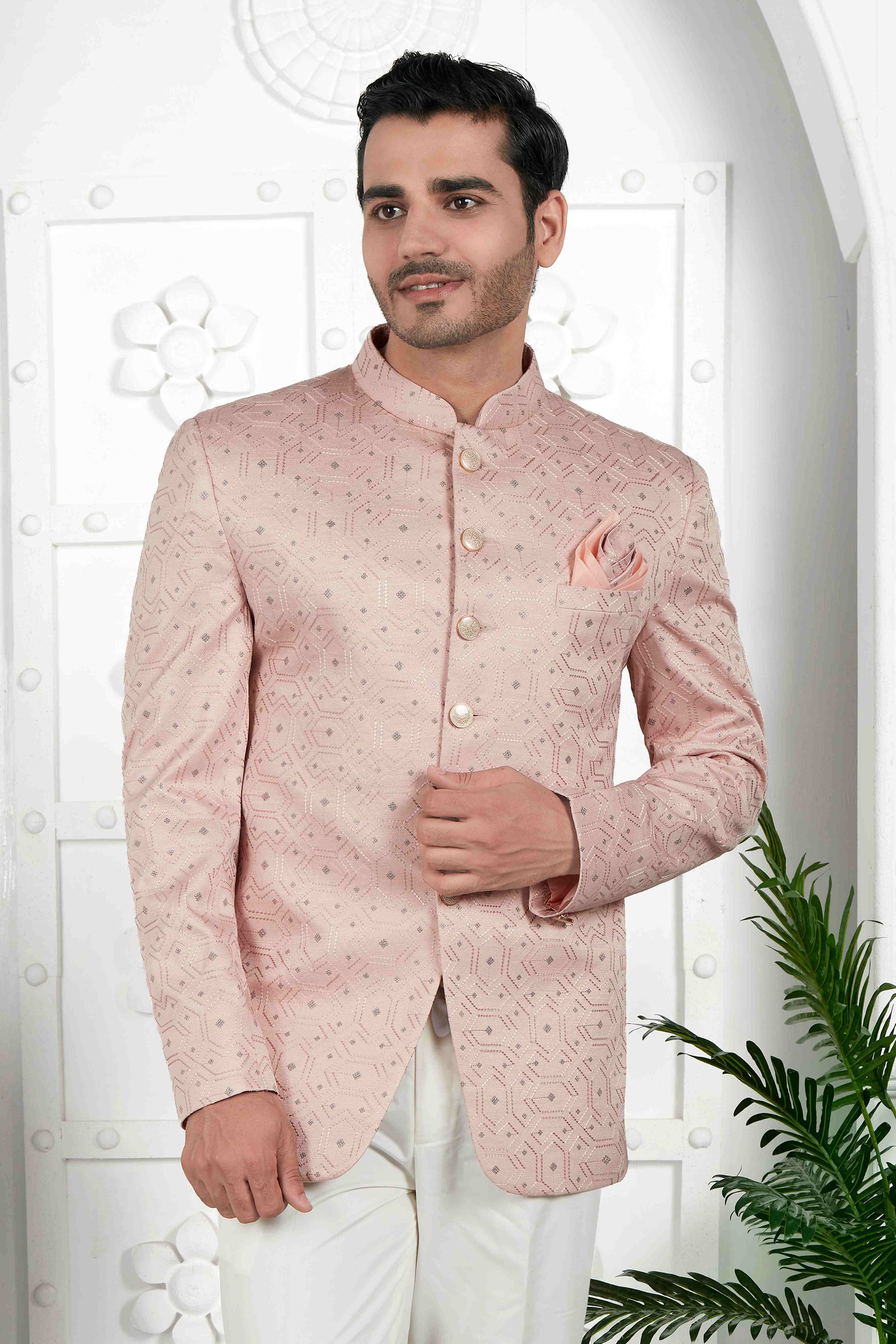 Raivat Ethnic Art Silk Thread Work Jodhpuri In Peach Colour