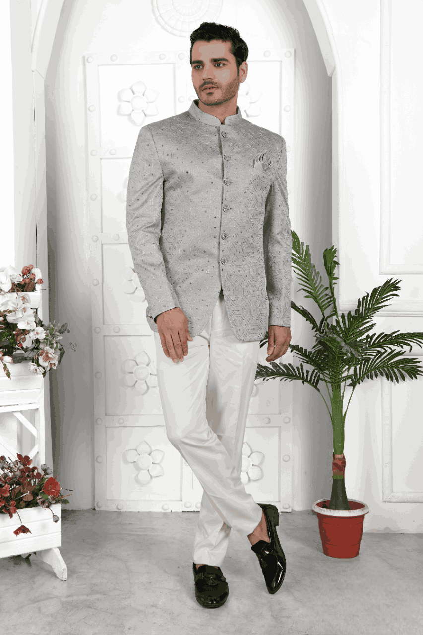 Raivat Ethnic Art Silk Thread Work Jodhpuri In Grey Colour