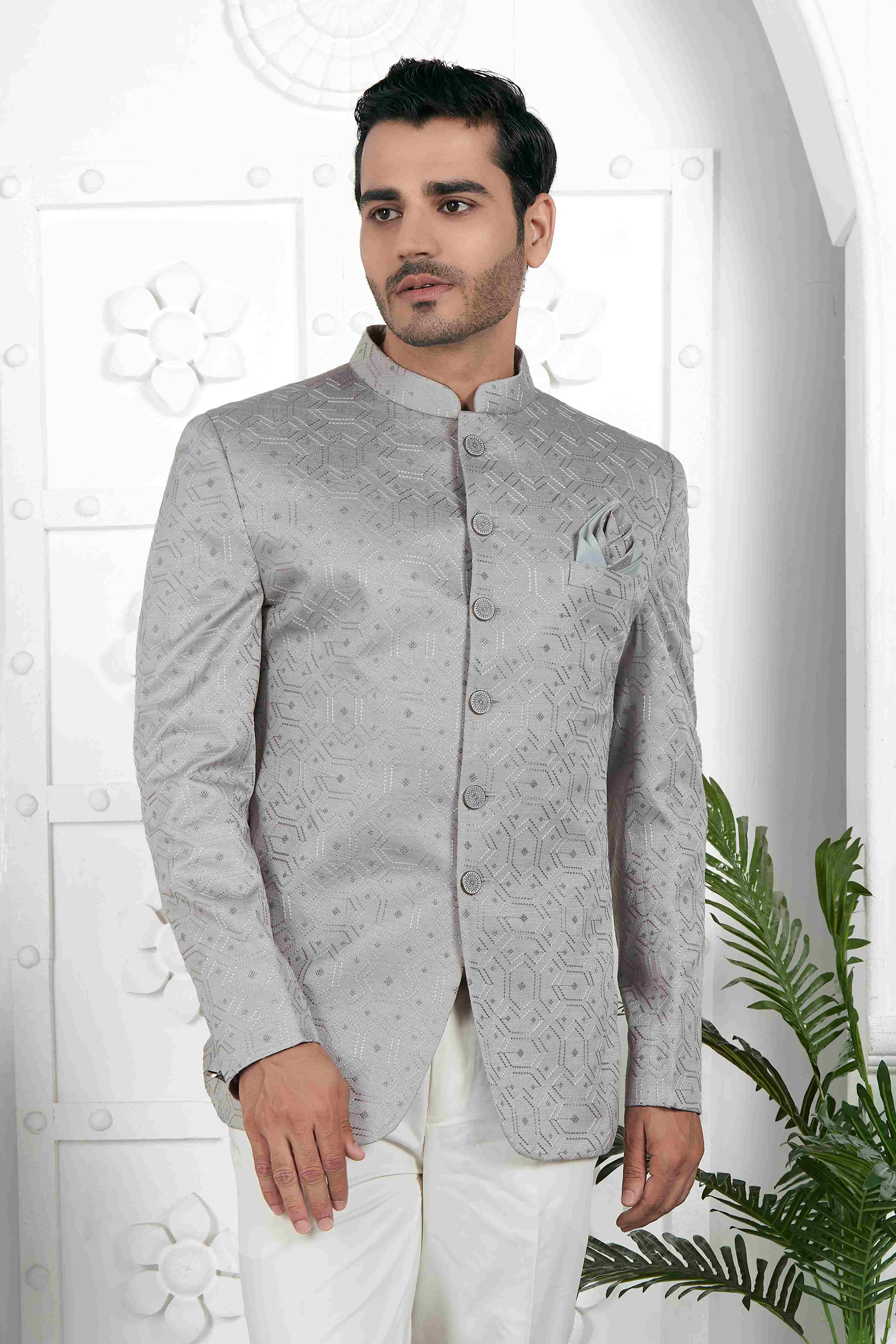 Raivat Ethnic Art Silk Thread Work Jodhpuri In Grey Colour