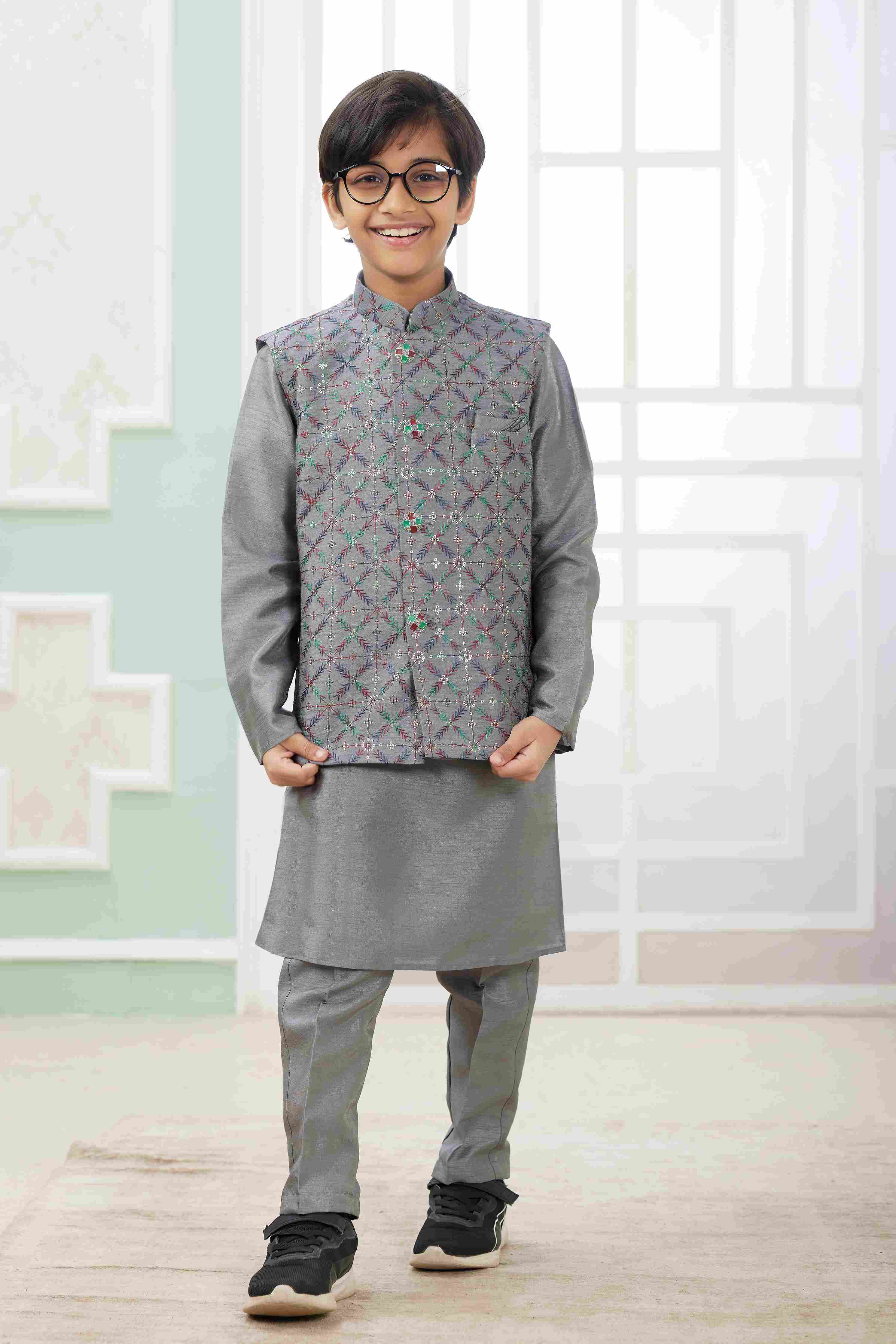 Raivat Ethnic Art Silk Embroidery Work 3 Pics Jacket Set In Dark Grey Colour - Distacart