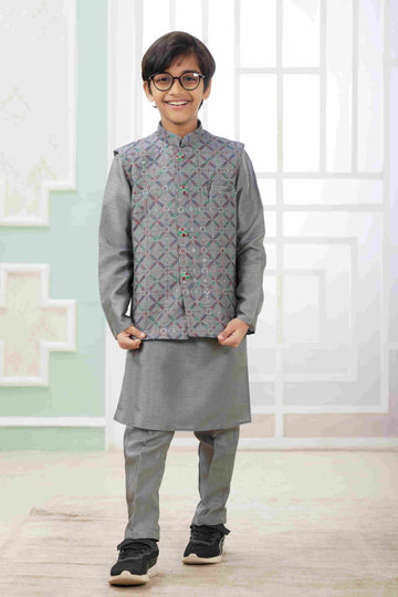 Raivat Ethnic Art Silk Embroidery Work 3 Pics Jacket Set In Dark Grey Colour - Distacart