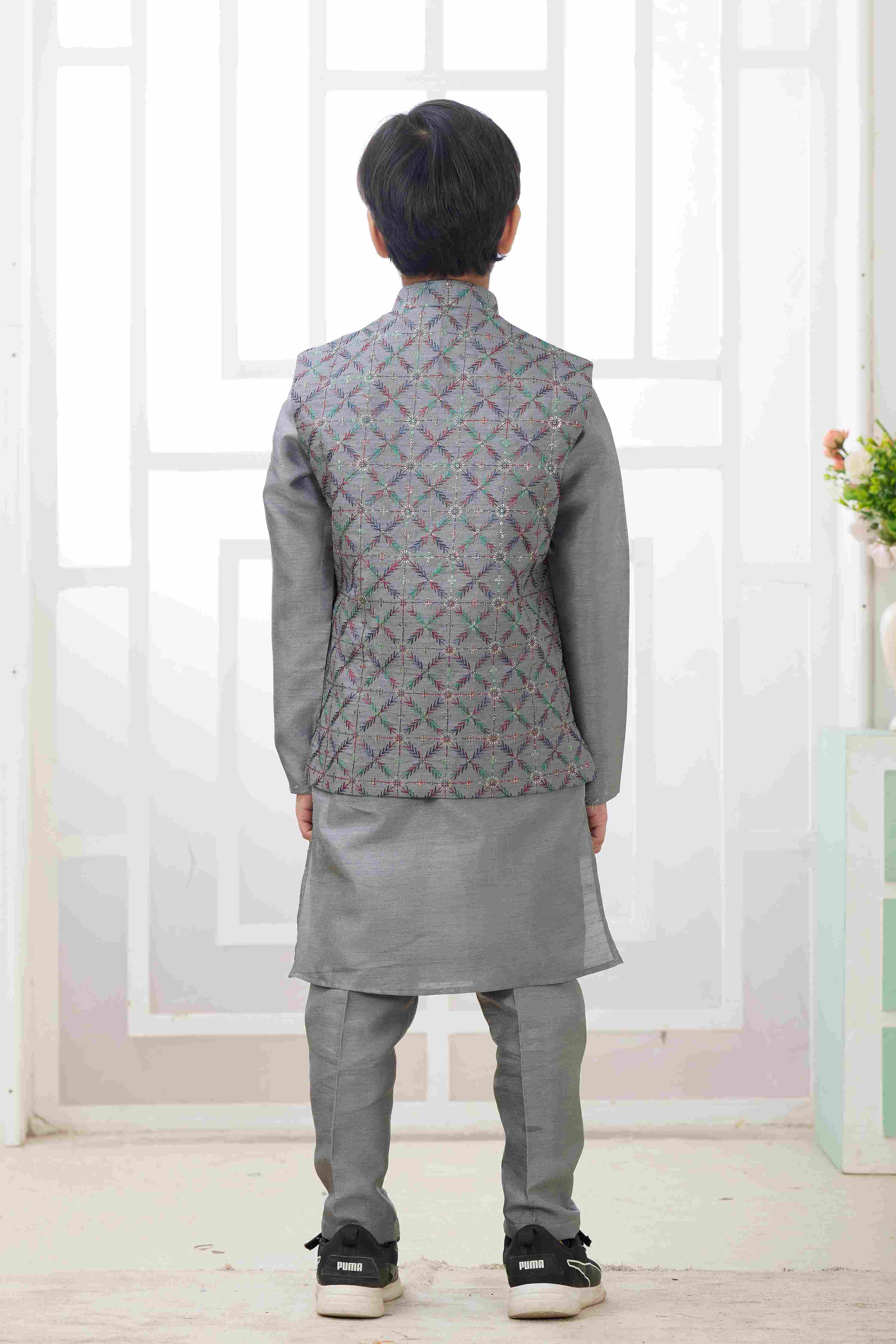 Raivat Ethnic Art Silk Embroidery Work 3 Pics Jacket Set In Dark Grey Colour - Distacart