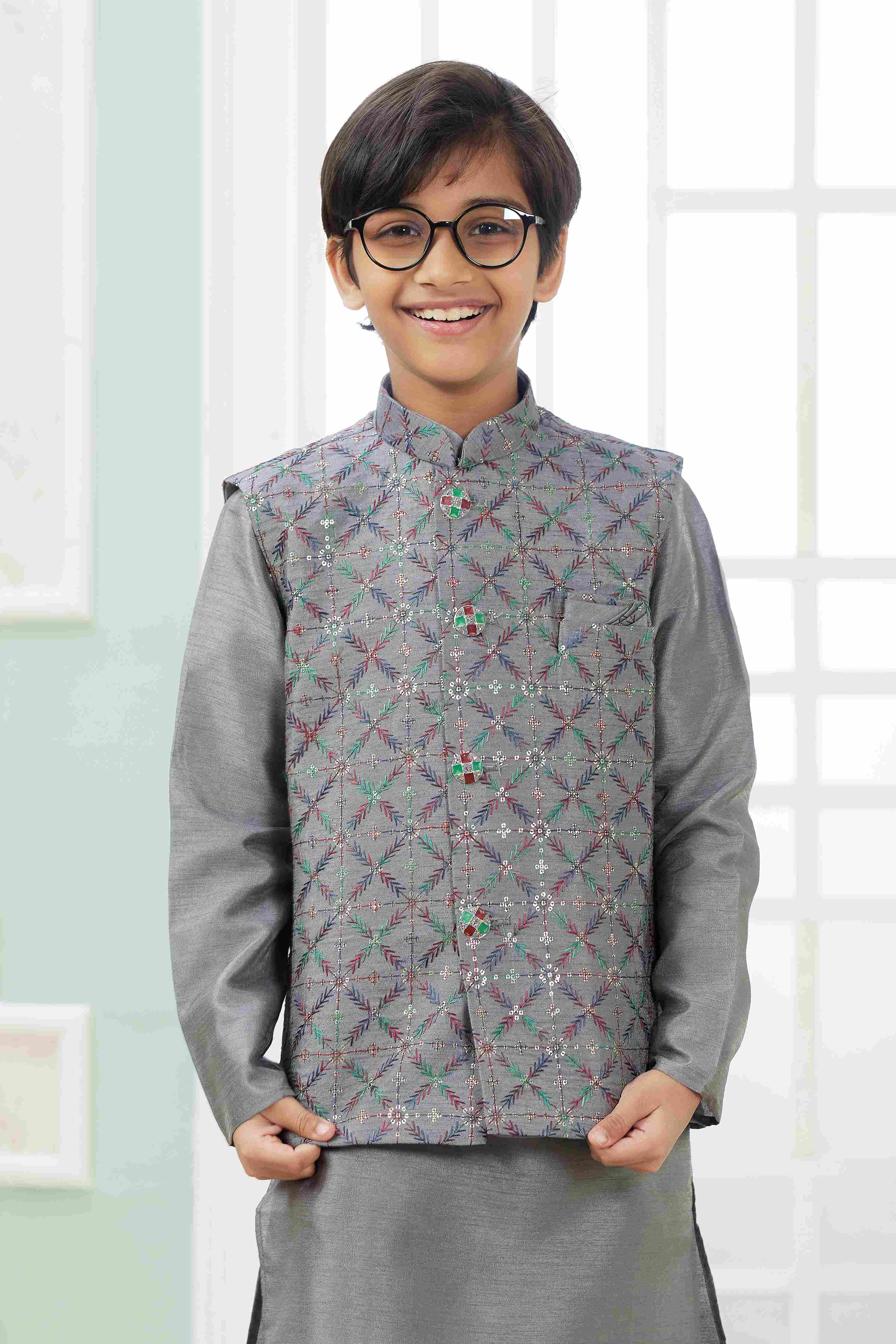 Raivat Ethnic Art Silk Embroidery Work 3 Pics Jacket Set In Dark Grey Colour - Distacart