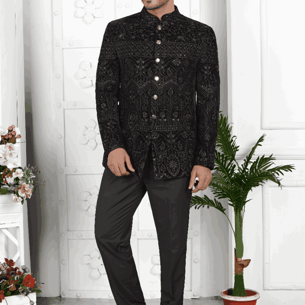 Raivat Ethnic Velvet Thread Work Jodhpuri In Black Colour