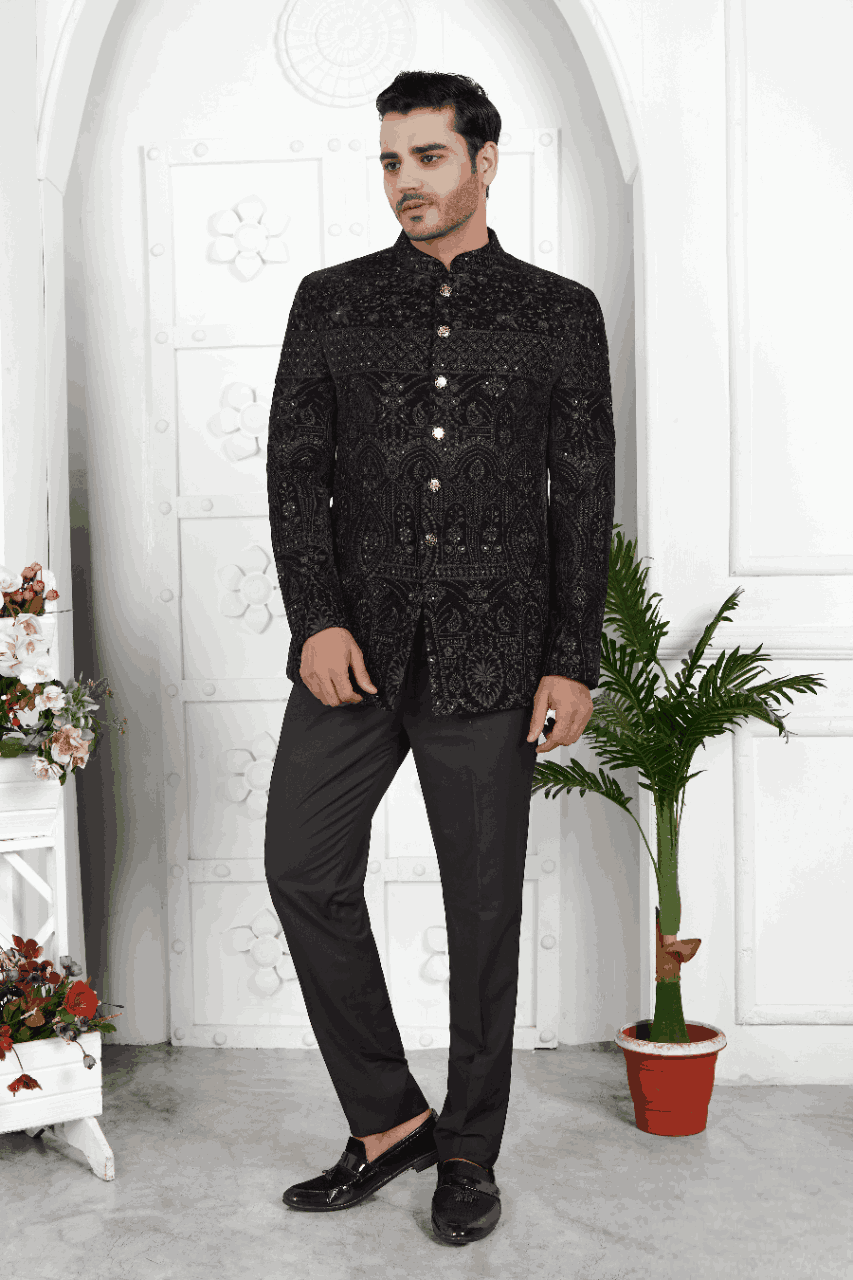 Raivat Ethnic Velvet Thread Work Jodhpuri In Black Colour