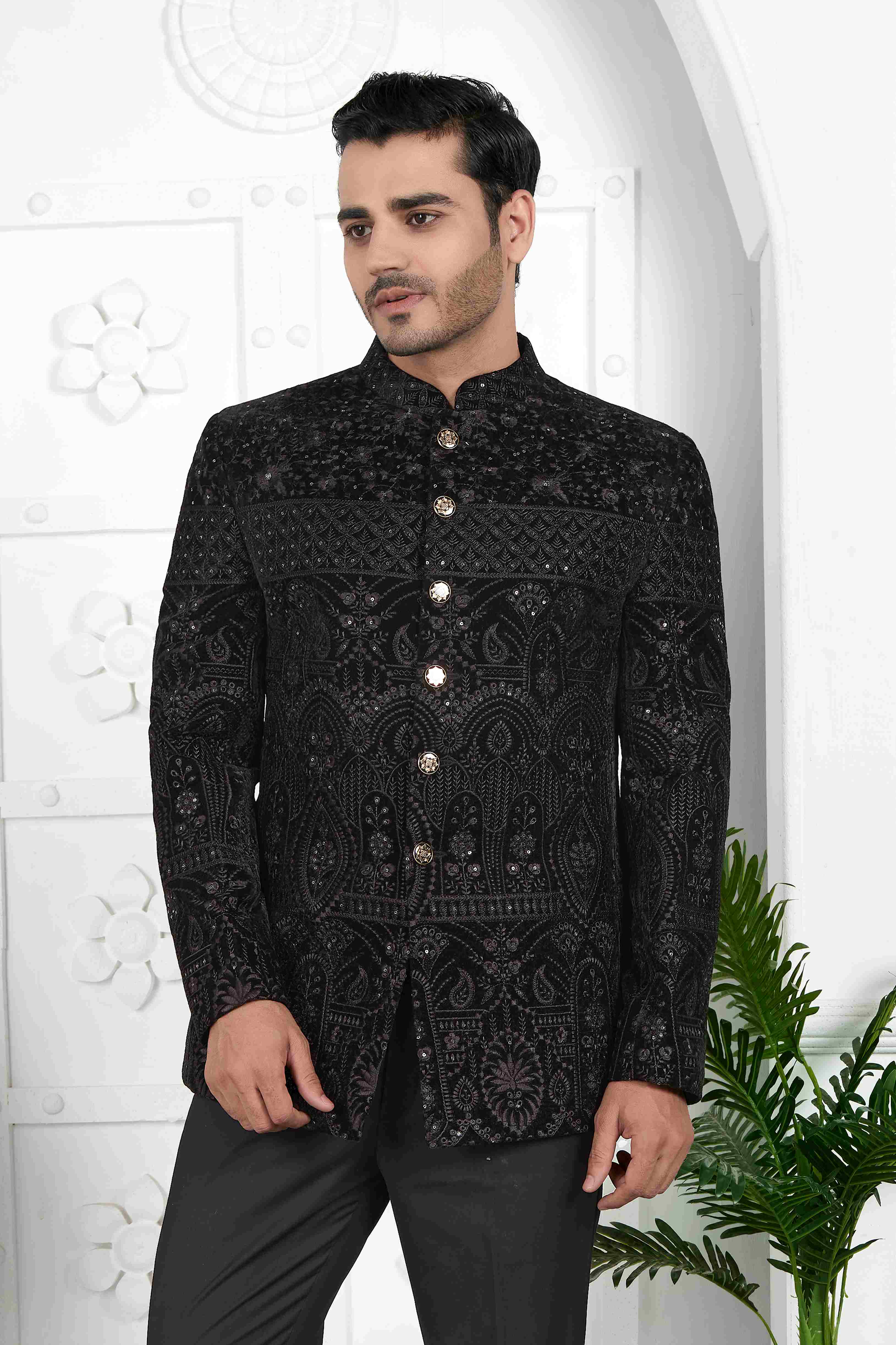 Raivat Ethnic Velvet Thread Work Jodhpuri In Black Colour