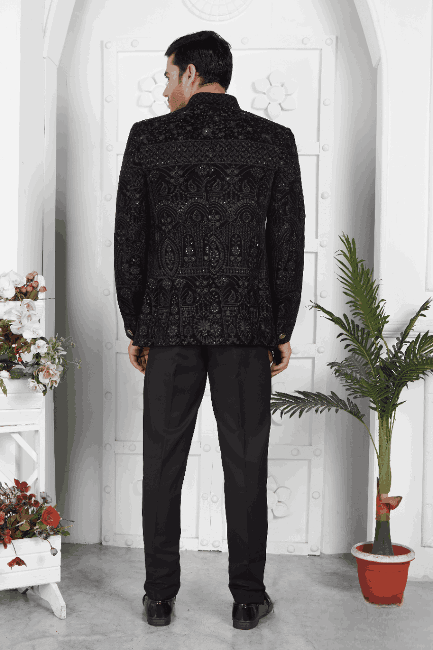 Raivat Ethnic Velvet Thread Work Jodhpuri In Black Colour