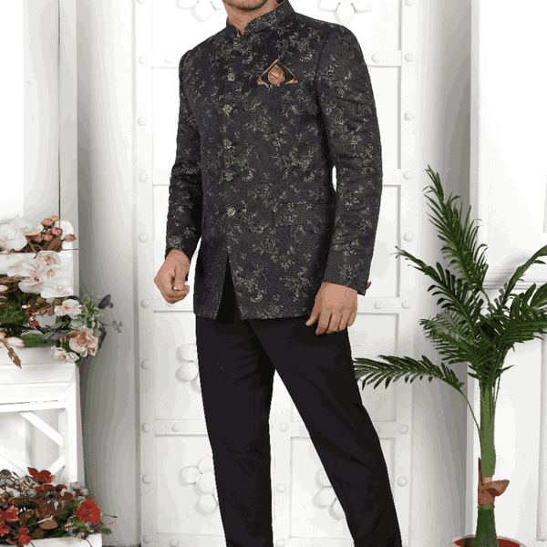 Raivat Ethnic Jacquard Silk Thread Work Jodhpuri In Black Colour