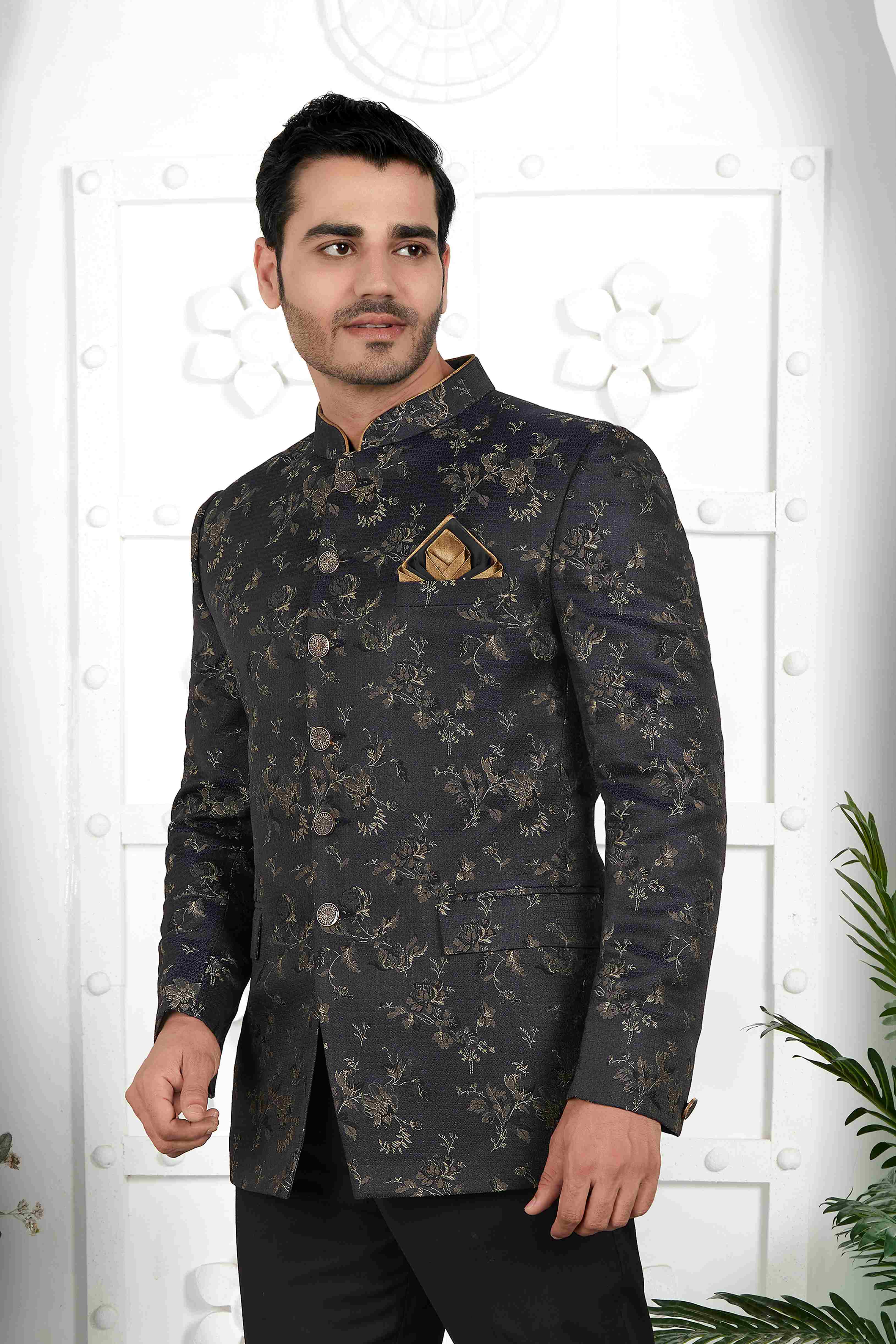 Raivat Ethnic Jacquard Silk Thread Work Jodhpuri In Black Colour
