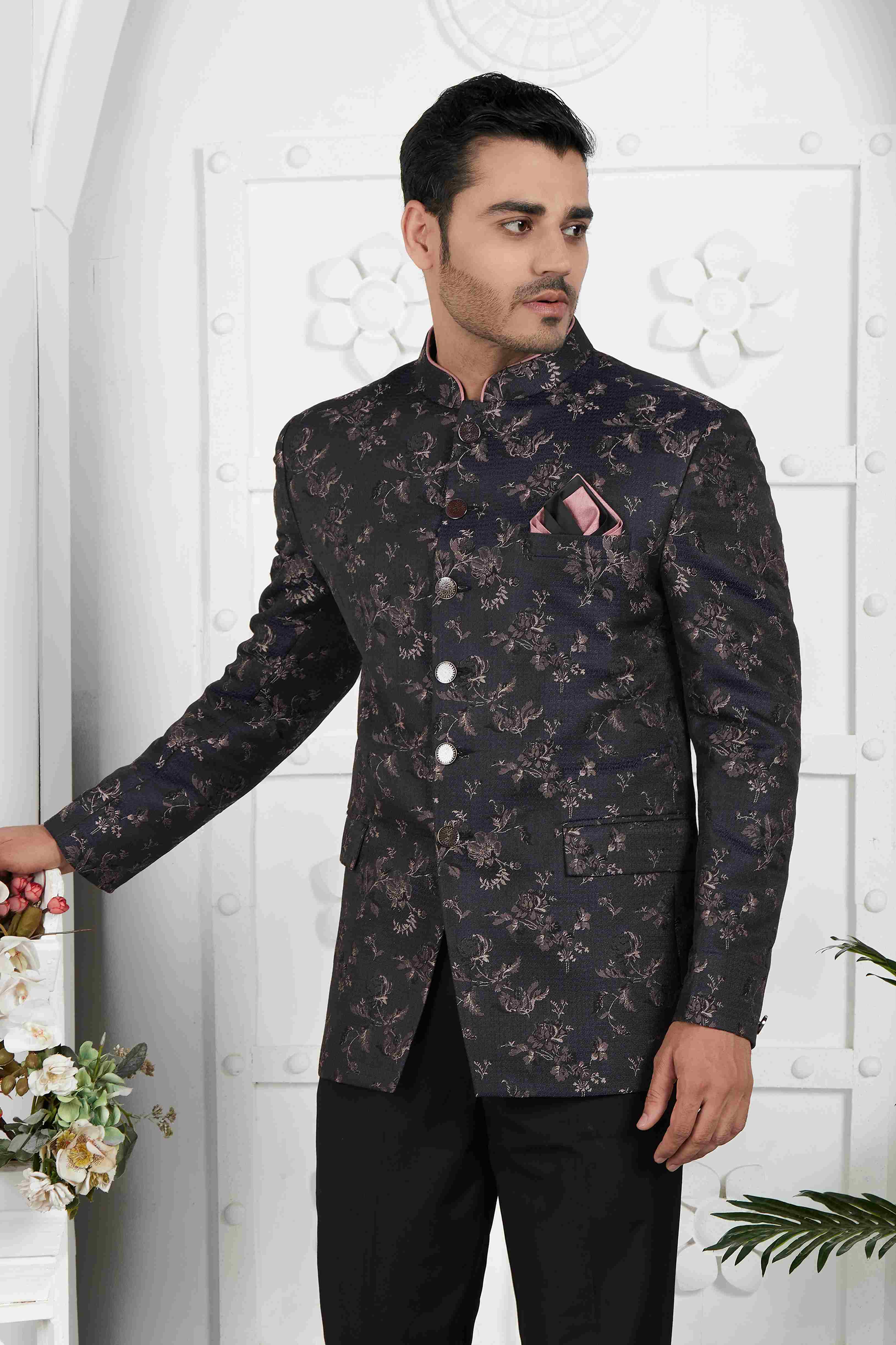 Raivat Ethnic Jacquard Silk Thread Work Jodhpuri In Black Colour