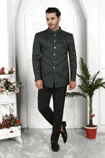 Thumbnail for Raivat Ethnic Jacquard Silk Thread Work Jodhpuri In Dark Green Colour