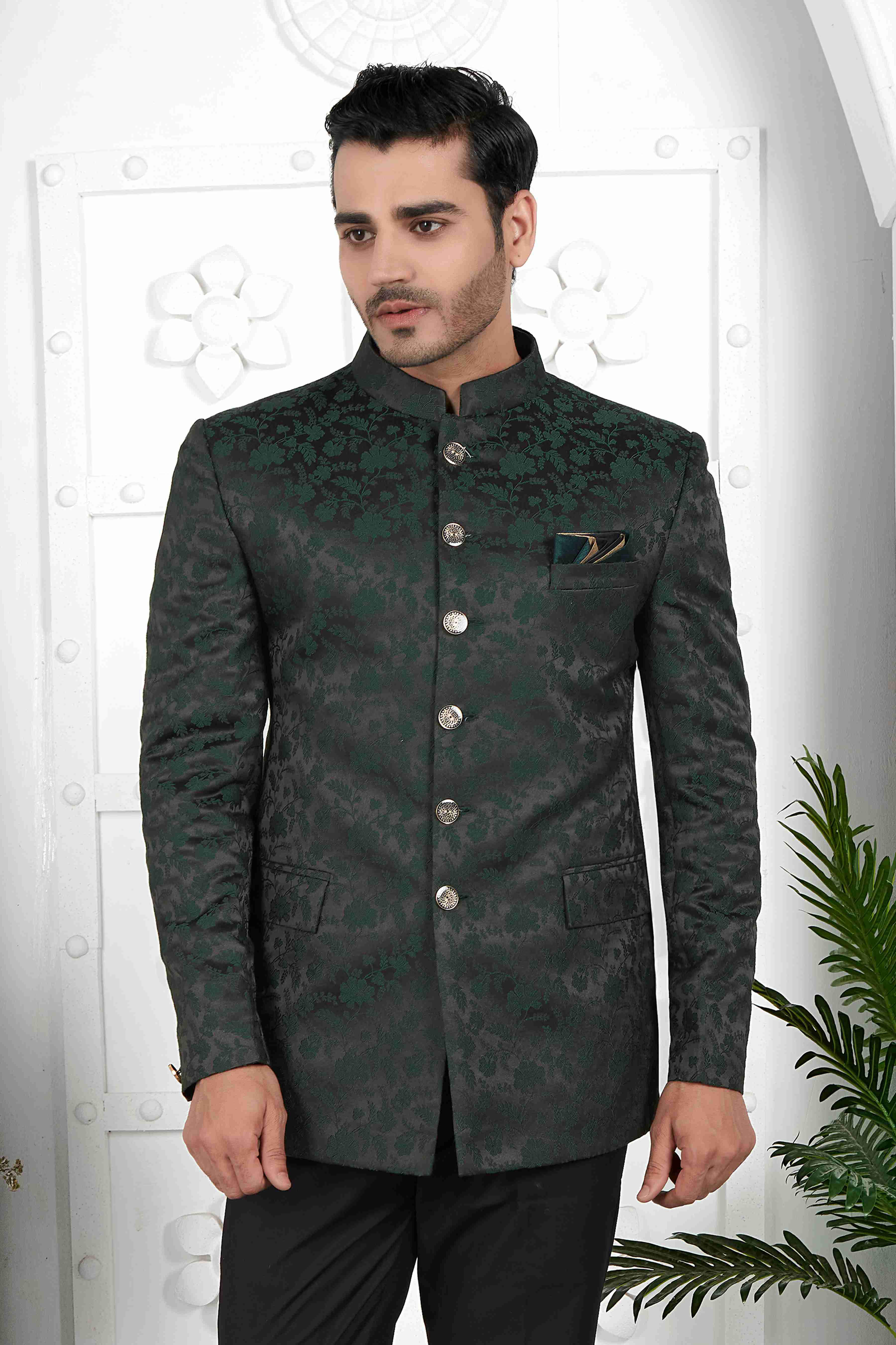 Raivat Ethnic Jacquard Silk Thread Work Jodhpuri In Dark Green Colour