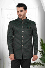 Thumbnail for Raivat Ethnic Jacquard Silk Thread Work Jodhpuri In Dark Green Colour