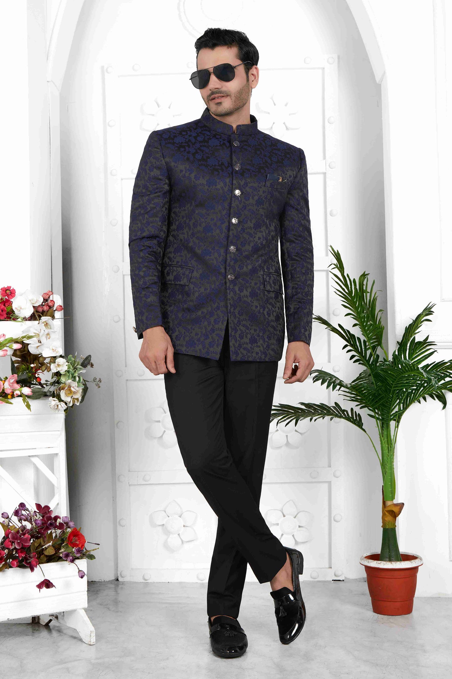 Raivat Ethnic Jacquard Silk Thread Work Jodhpuri In Navy Blue Colour - Distacart