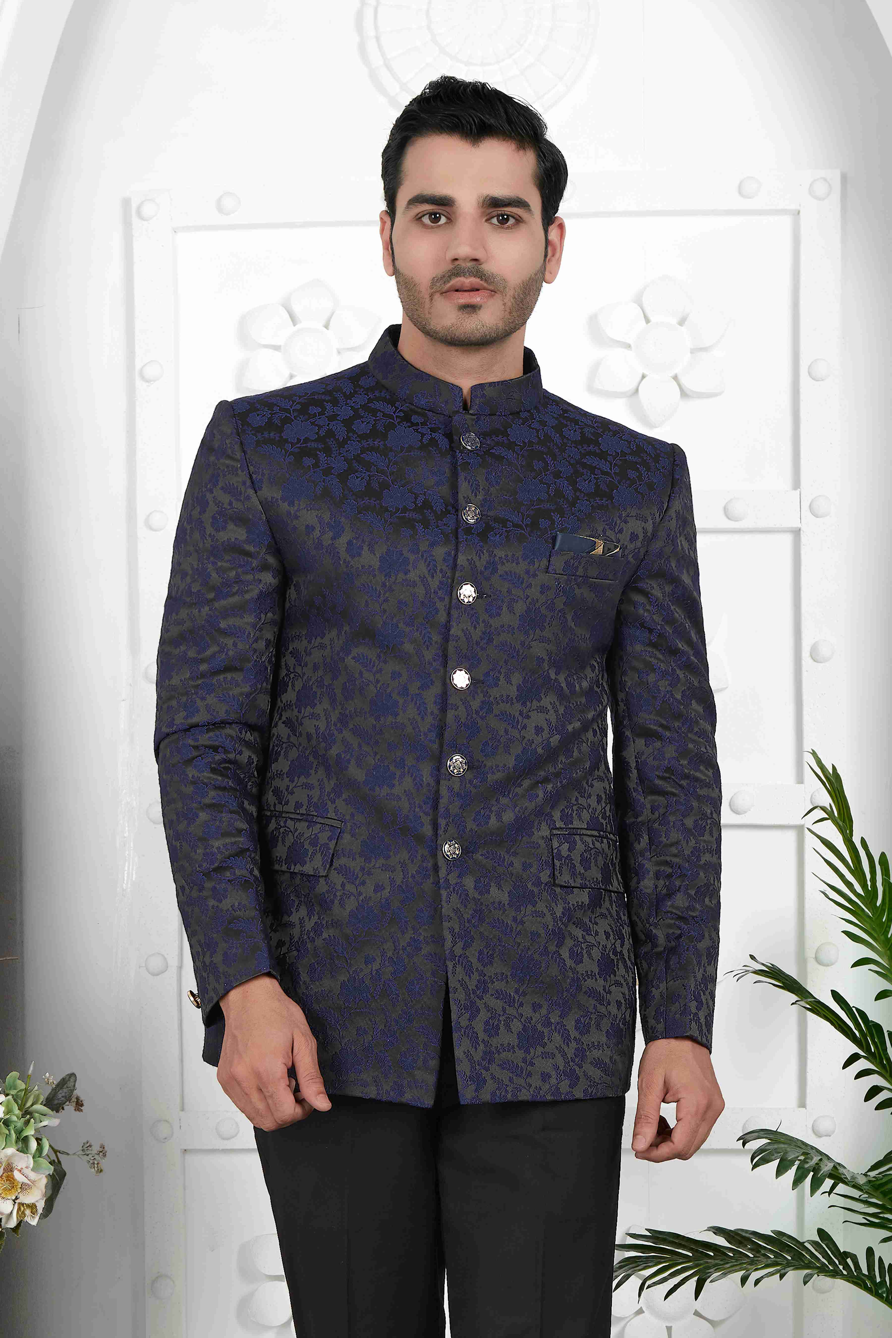 Raivat Ethnic Jacquard Silk Thread Work Jodhpuri In Navy Blue Colour