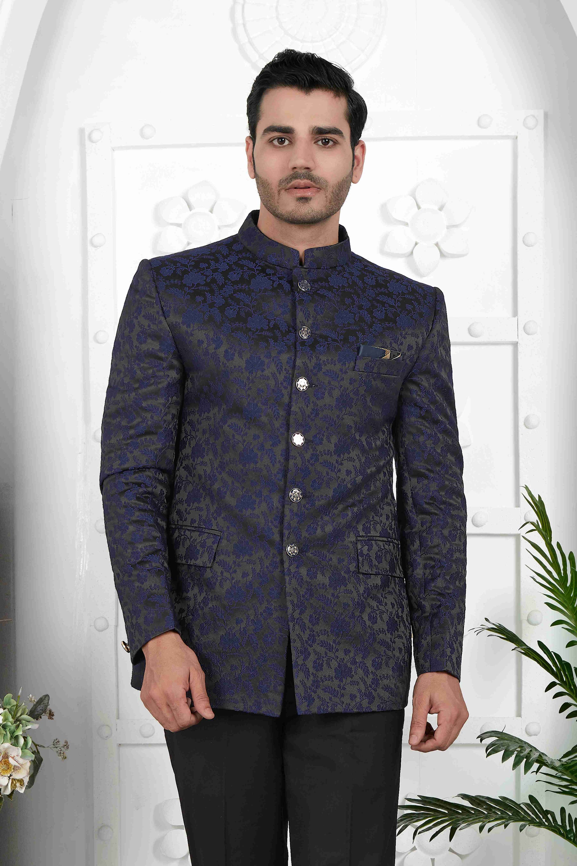 Raivat Ethnic Jacquard Silk Thread Work Jodhpuri In Navy Blue Colour - Distacart