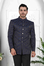 Thumbnail for Raivat Ethnic Jacquard Silk Thread Work Jodhpuri In Navy Blue Colour