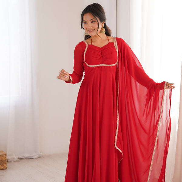 Lorenvalley Fashion Red Faux Georgette Fancy Designer Yoke Dori Neck Anarkali Gown with Dupatta - Distacart