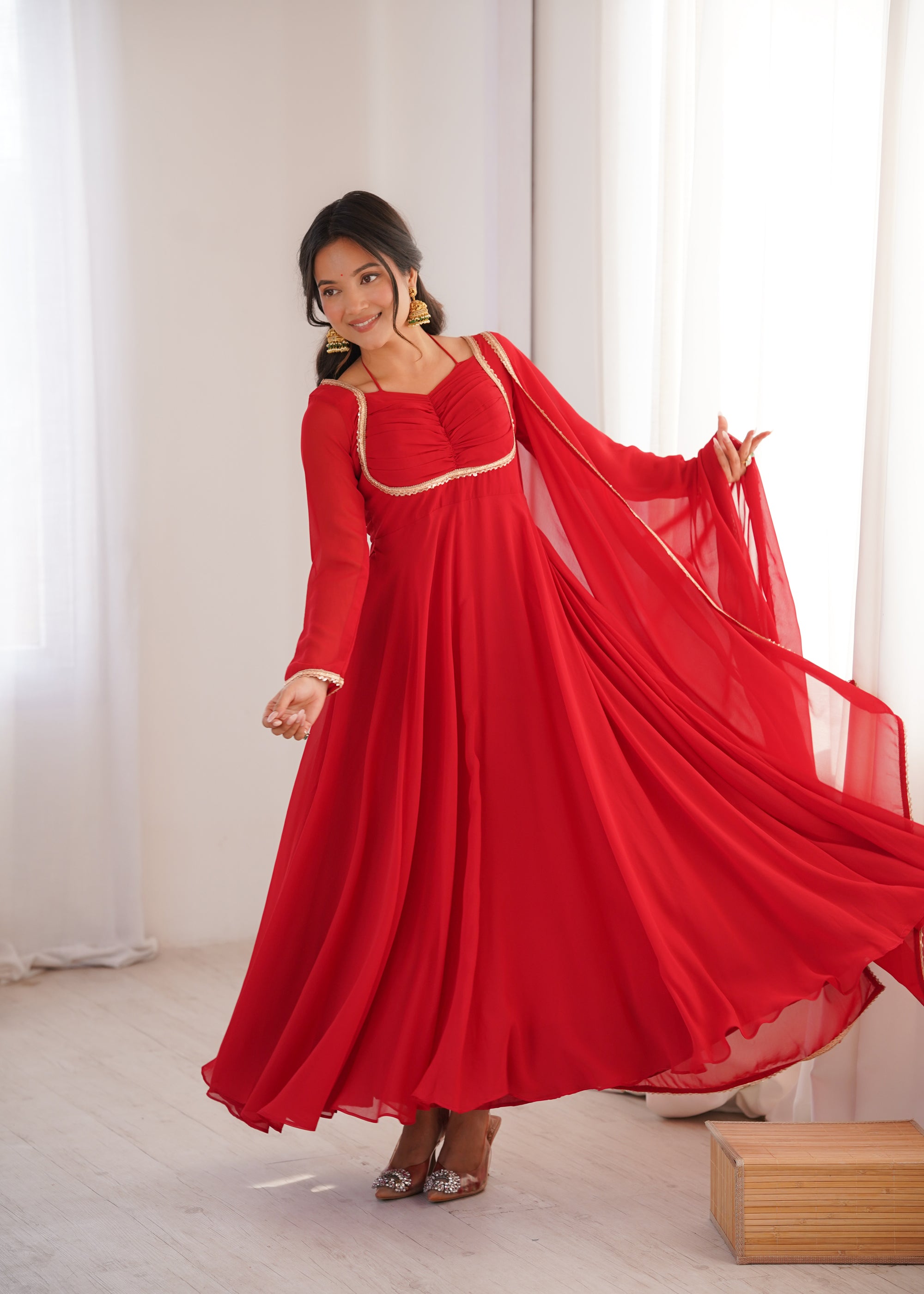 Lorenvalley Fashion Red Faux Georgette Fancy Designer Yoke Dori Neck Anarkali Gown with Dupatta - Distacart