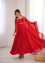 Thumbnail for Lorenvalley Fashion Red Faux Georgette Fancy Designer Yoke Dori Neck Anarkali Gown with Dupatta - Distacart