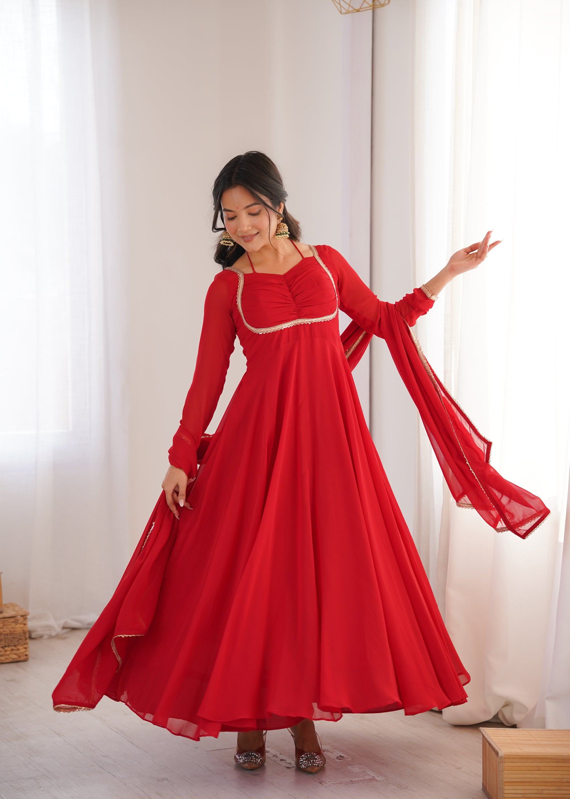 Lorenvalley Fashion Red Faux Georgette Fancy Designer Yoke Dori Neck Anarkali Gown with Dupatta - Distacart
