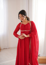 Thumbnail for Lorenvalley Fashion Red Faux Georgette Fancy Designer Yoke Dori Neck Anarkali Gown with Dupatta - Distacart