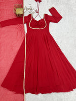 Thumbnail for Lorenvalley Fashion Red Faux Georgette Fancy Designer Yoke Dori Neck Anarkali Gown with Dupatta - Distacart