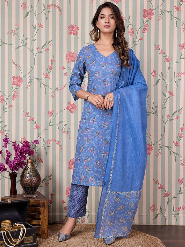Ode by House of Pataudi Floral Printed Regular Pure Cotton Kurta with Trousers & Dupatta - Distacart