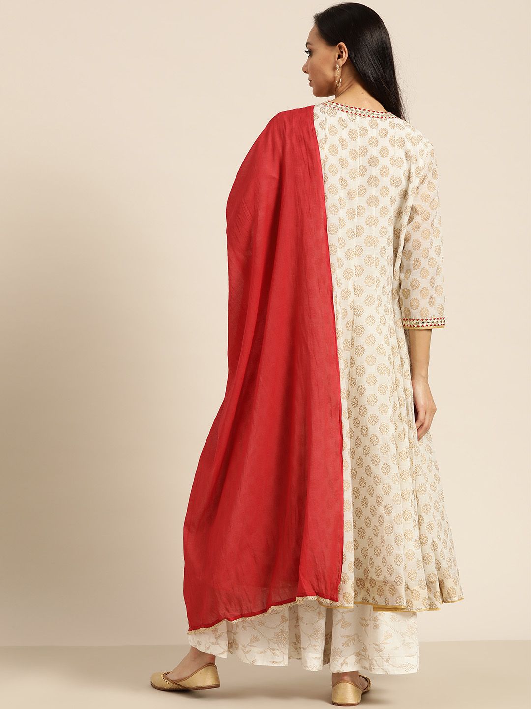 Sangria Women Off-White & Golden Printed Kurta with Palazzos & Dupatta