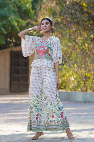 Juniper Women's White Floral Printed Rayon Peplum Co-Ord Set With Buttons - Distacart