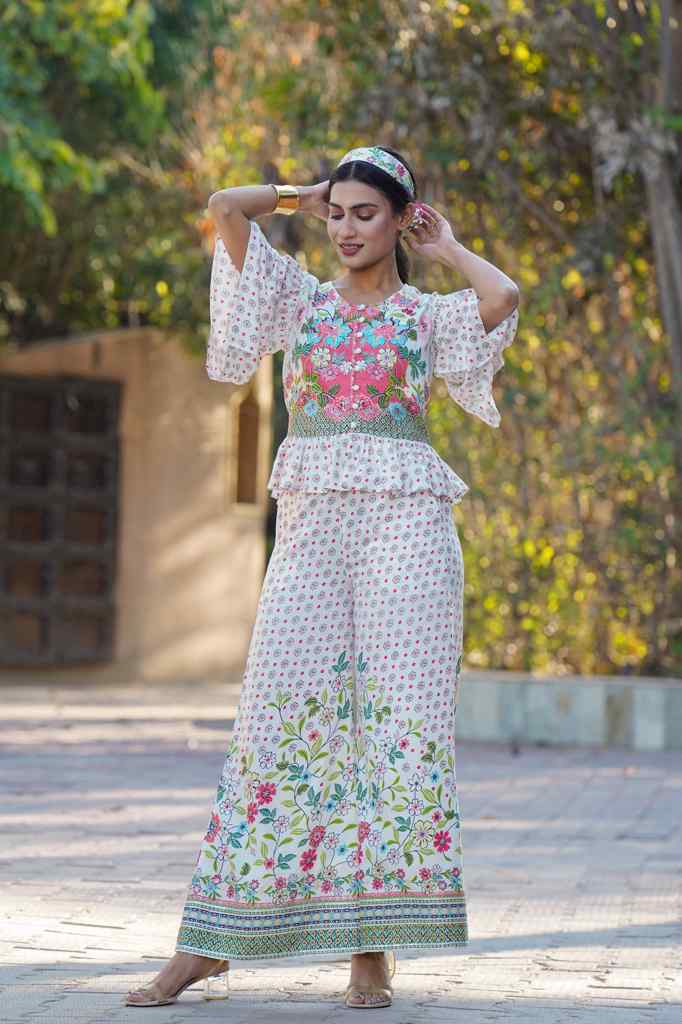 Juniper Women's White Floral Printed Rayon Peplum Co-Ord Set With Buttons - Distacart