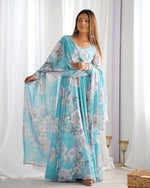Thumbnail for Lorenvalley Fashion Sky Blue Faux Georgette Floral Print 7 Meter Anarkali Gown with Dupatta - Distacart