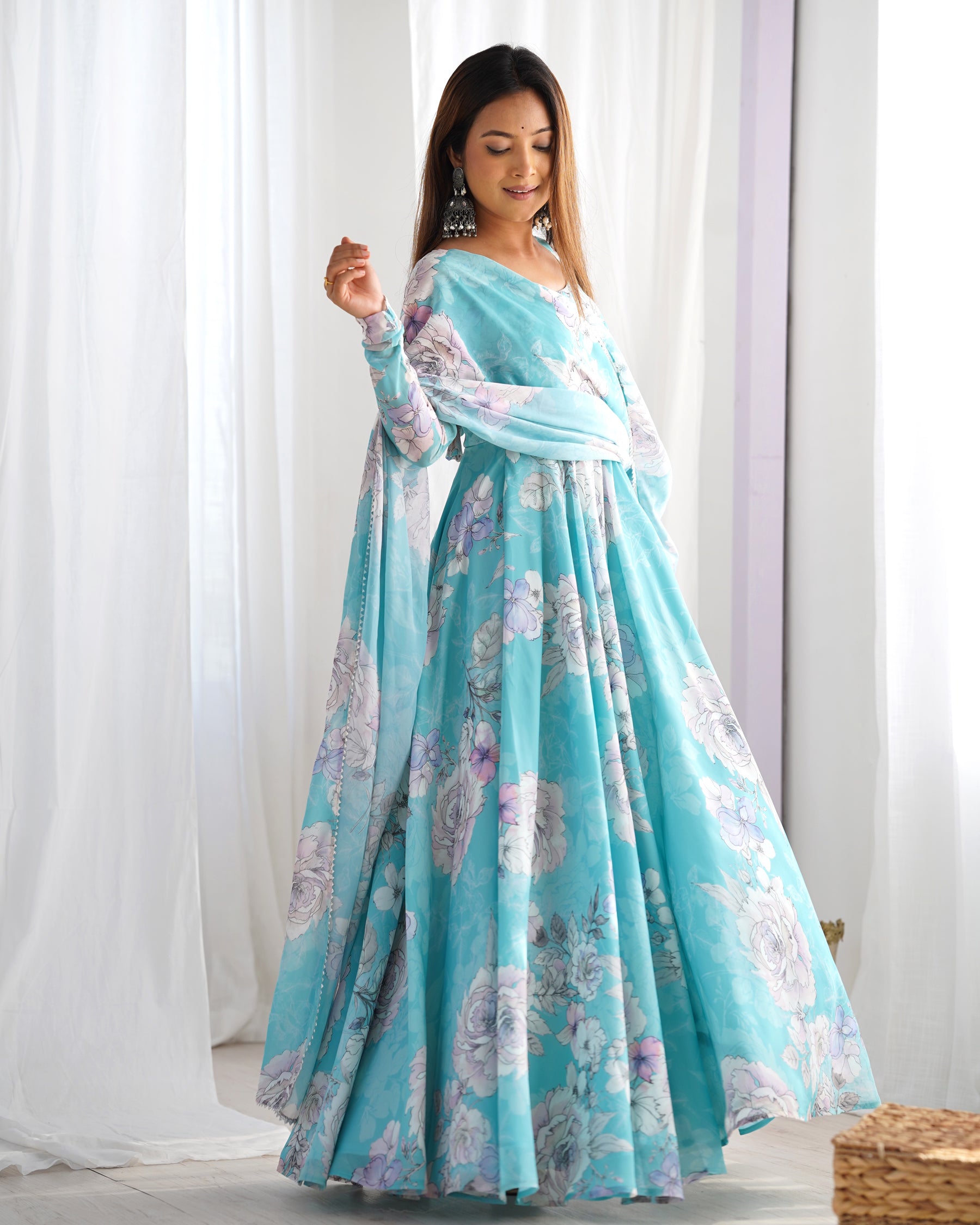 Lorenvalley Fashion Sky Blue Faux Georgette Floral Print 7 Meter Anarkali Gown with Dupatta - Distacart