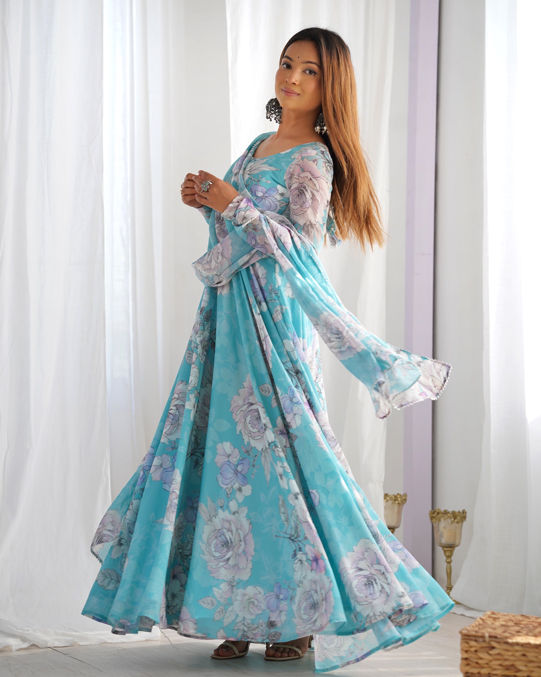 Lorenvalley Fashion Sky Blue Faux Georgette Floral Print 7 Meter Anarkali Gown with Dupatta - Distacart