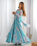 Thumbnail for Lorenvalley Fashion Sky Blue Faux Georgette Floral Print 7 Meter Anarkali Gown with Dupatta - Distacart