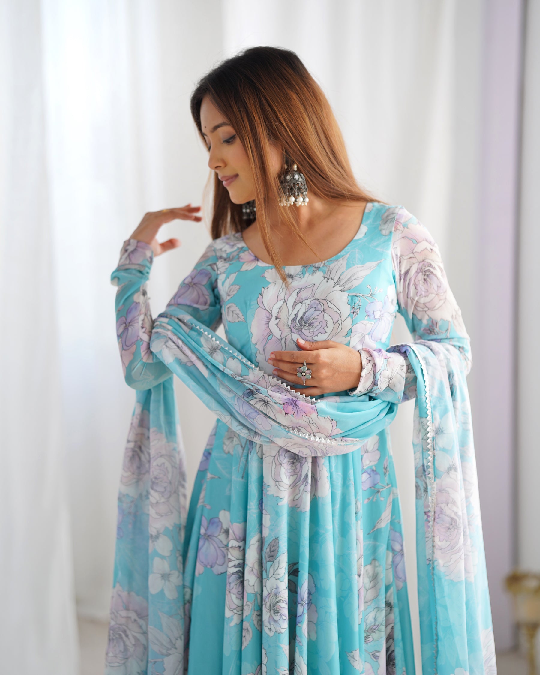 Lorenvalley Fashion Sky Blue Faux Georgette Floral Print 7 Meter Anarkali Gown with Dupatta - Distacart