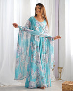 Thumbnail for Lorenvalley Fashion Sky Blue Faux Georgette Floral Print 7 Meter Anarkali Gown with Dupatta - Distacart