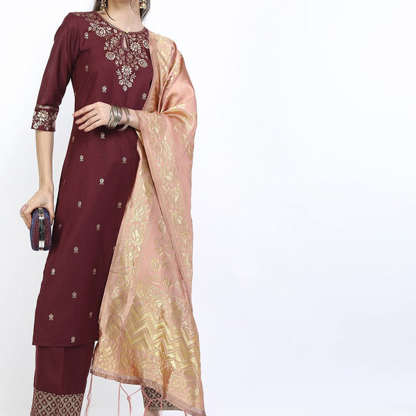 Vishudh Women Burgundy Kurta with Trousers & With Dupatta - Distacart