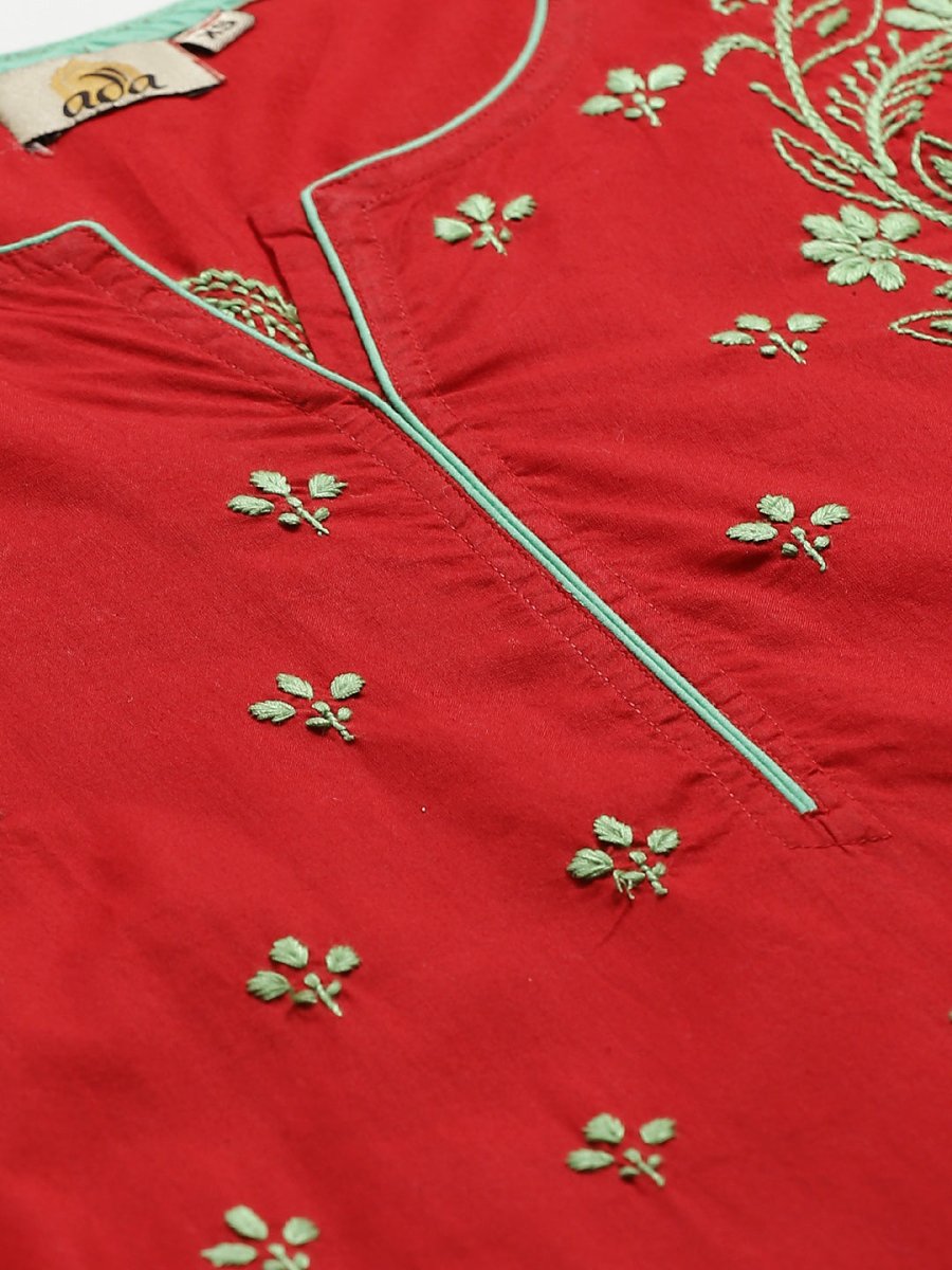ADA Women Red & Green Chikankari Hand Embroidered Sustainable Handloom Kurta with Trousers - Distacart