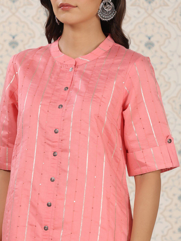 Ode by House of Pataudi Striped Gotta Patti Sequinned A-Line Kurta - Distacart
