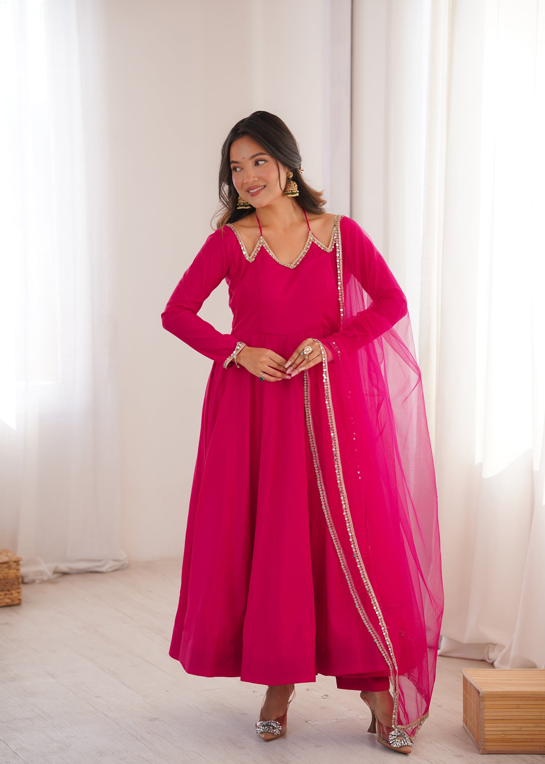 Lorenvalley Fashion Magenta Roman Silk Chanderi Yoke Fancy Lace Pattern Anarkali Gown Pant With Dupatta - Distacart