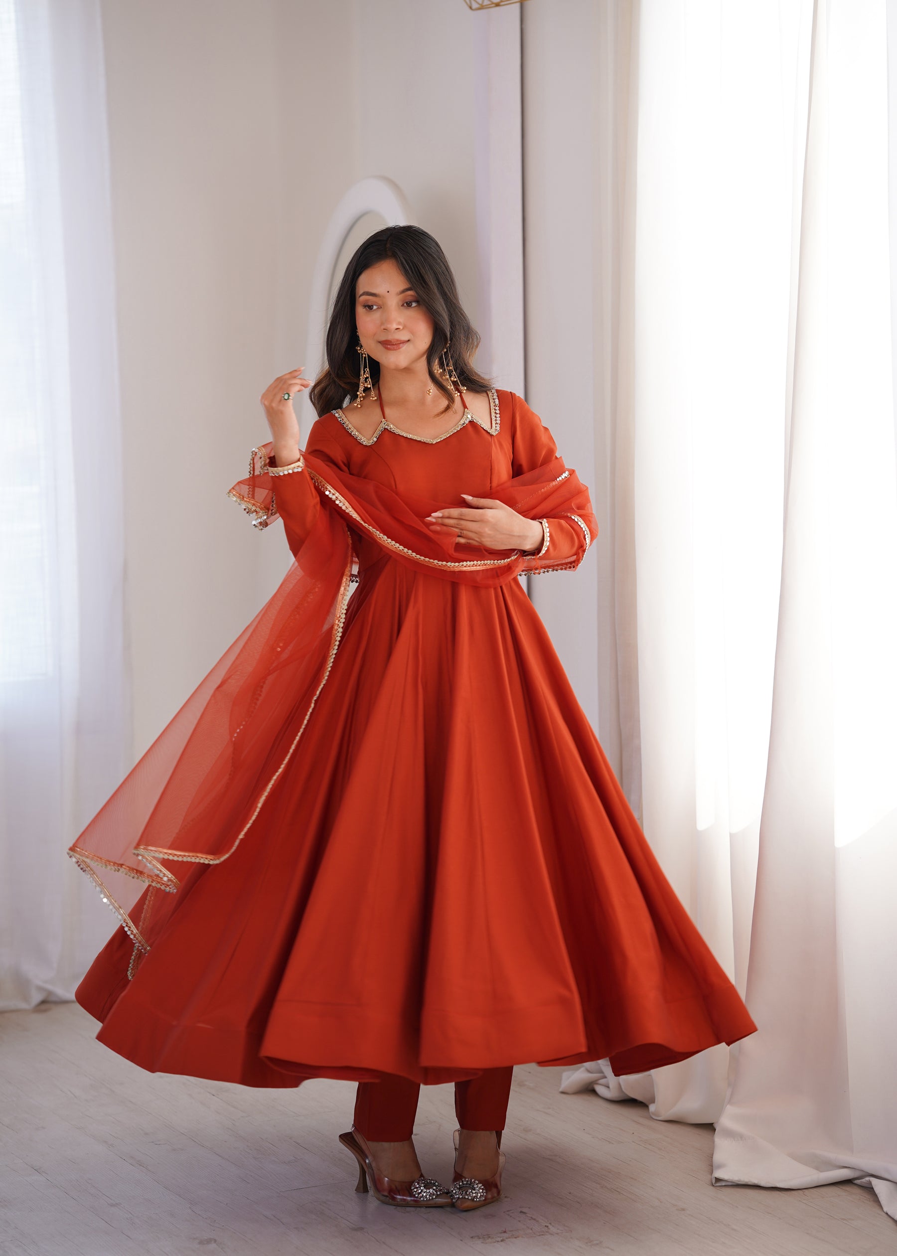 Lorenvalley Fashion Rust Romansilk Chanderi Yoke Fancy Lace Pattern Anarkali Gown Pant with Dupatta - Distacart