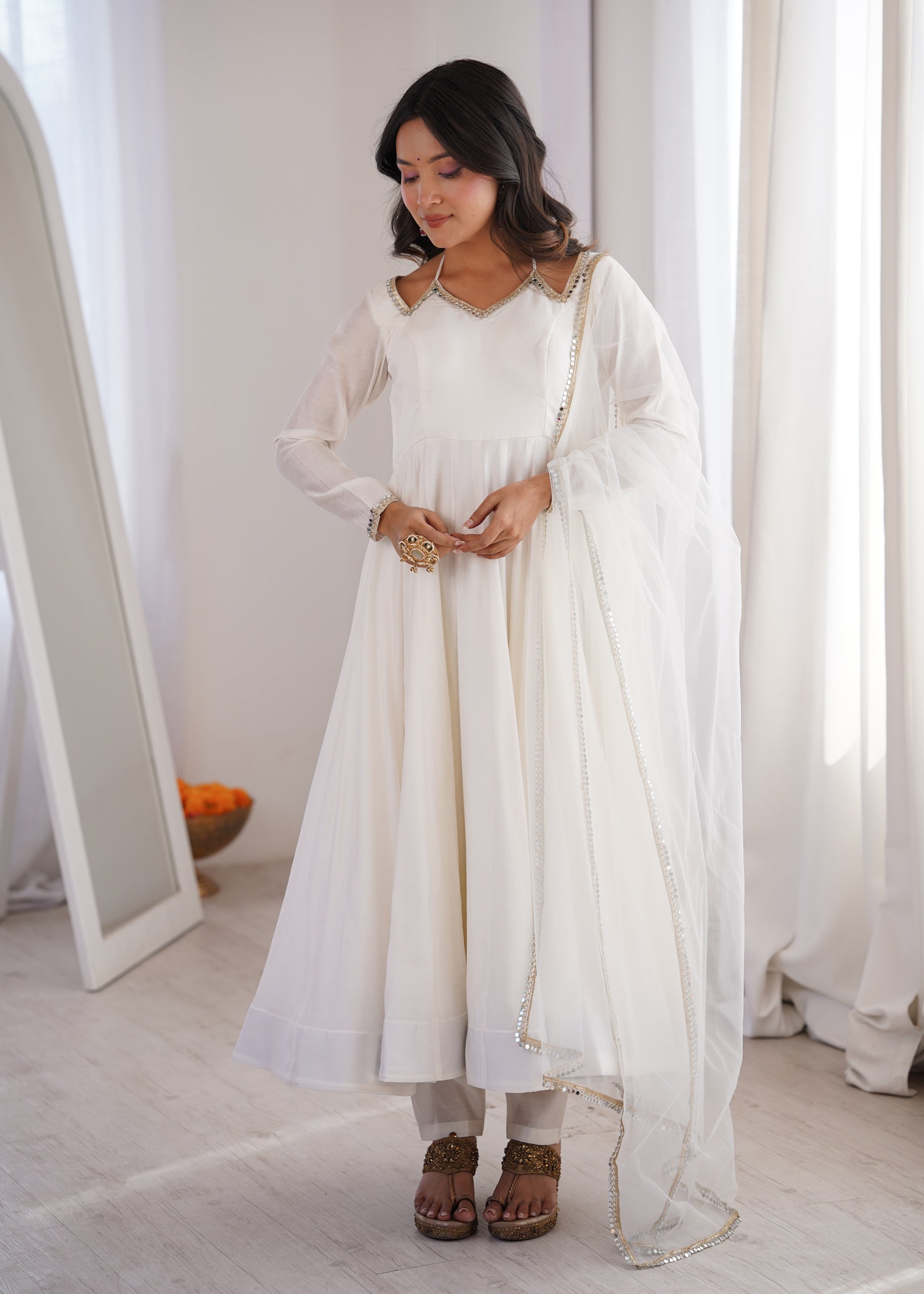 Lorenvalley Fashion White Romansilk Chanderi Yoke Fancy Lace Pattern Anarkali Gown Pant with Dupatta - Distacart