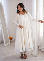 Thumbnail for Lorenvalley Fashion White Romansilk Chanderi Yoke Fancy Lace Pattern Anarkali Gown Pant with Dupatta - Distacart