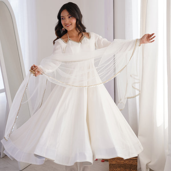 Lorenvalley Fashion White Romansilk Chanderi Yoke Fancy Lace Pattern Anarkali Gown Pant with Dupatta - Distacart