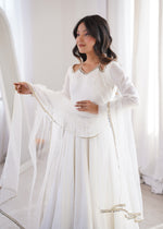 Thumbnail for Lorenvalley Fashion White Romansilk Chanderi Yoke Fancy Lace Pattern Anarkali Gown Pant with Dupatta - Distacart