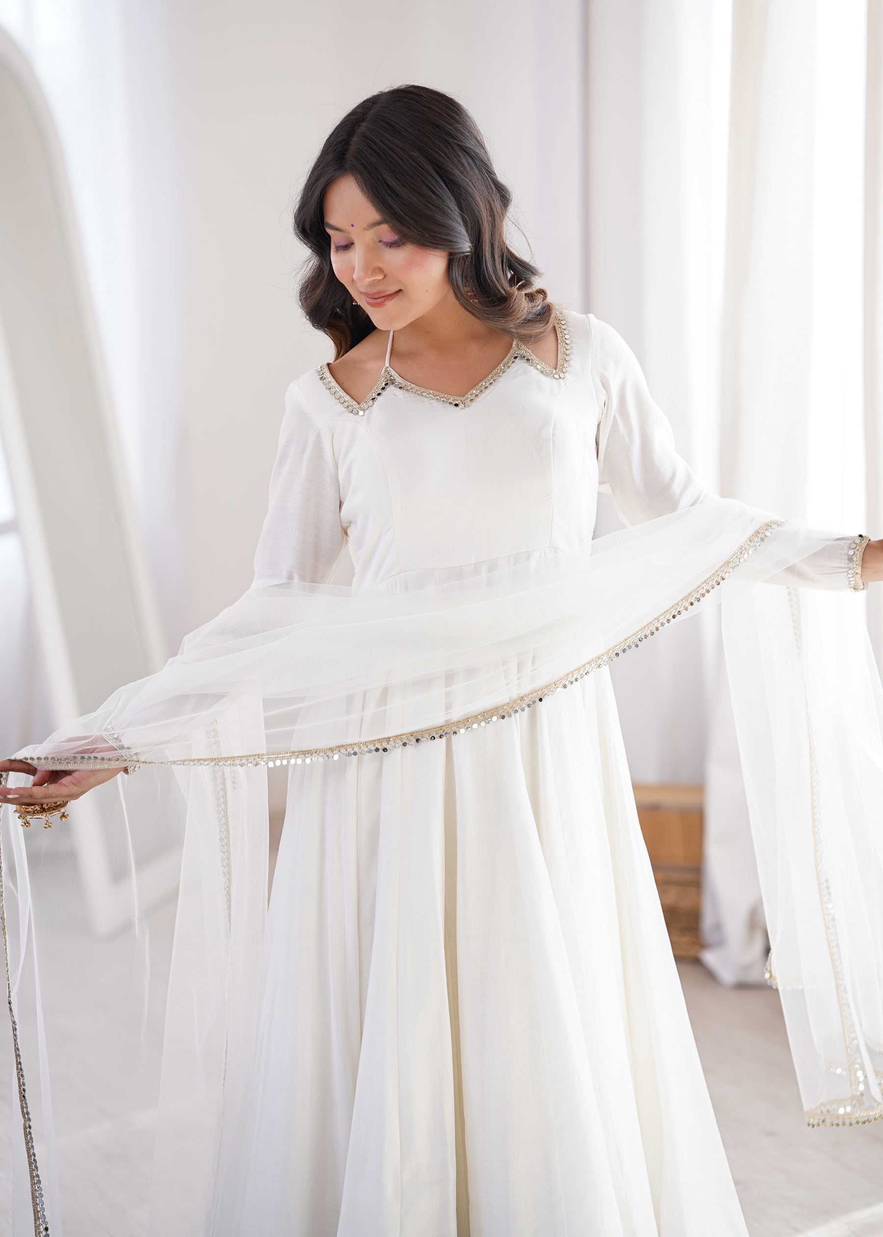 Lorenvalley Fashion White Romansilk Chanderi Yoke Fancy Lace Pattern Anarkali Gown Pant with Dupatta - Distacart